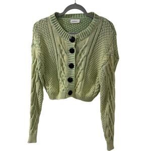 Bohme Womens Cropped Chunky Knit Cableknit Cardigan Sweater Green Indie, size M
